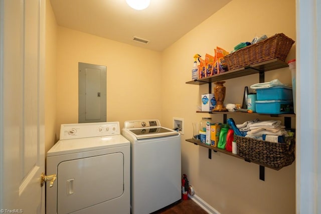 121 Walter Hagen Dr, Mebane, NC 27302 - laundry room featuring electric panel, washing machine and clothes dryer, and baseboards