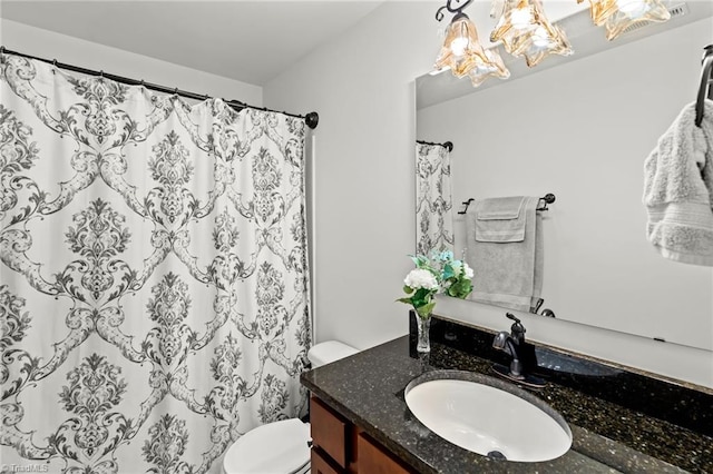 1720 Ridge Bluff Cir, Rural Hall, NC 27045 - full bath featuring vanity, a shower with shower curtain, and a chandelier