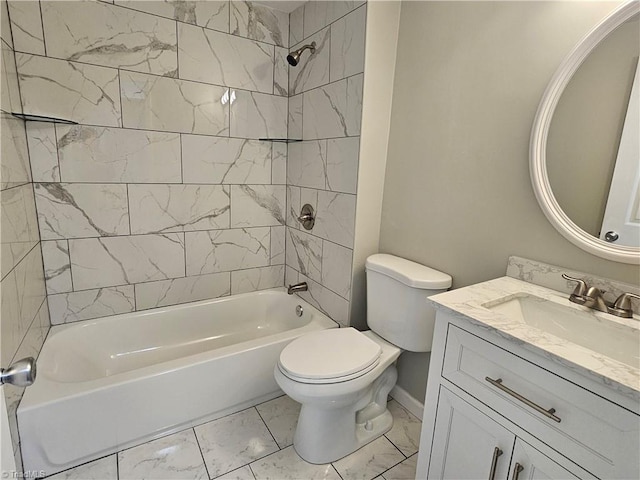 bathroom with shower / bath combination, baseboards, toilet, marble finish floor, and vanity