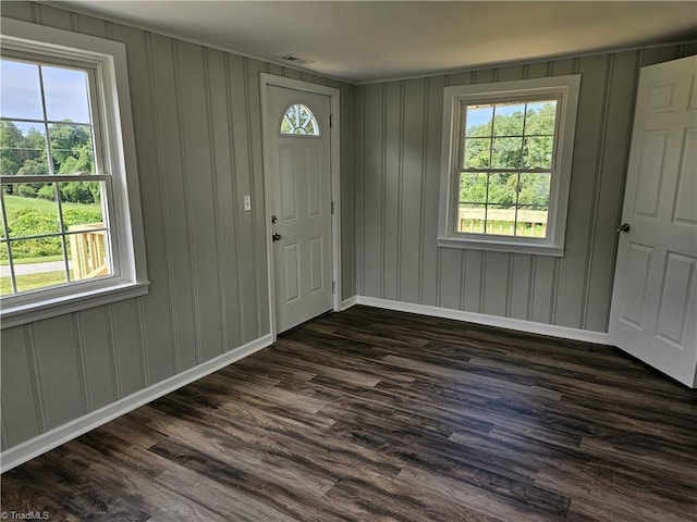 foyer with visible vents, dark wood finished floors, a wealth of natural light, and baseboards