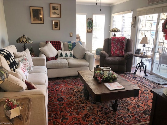 living room with hardwood / wood-style flooring and crown molding