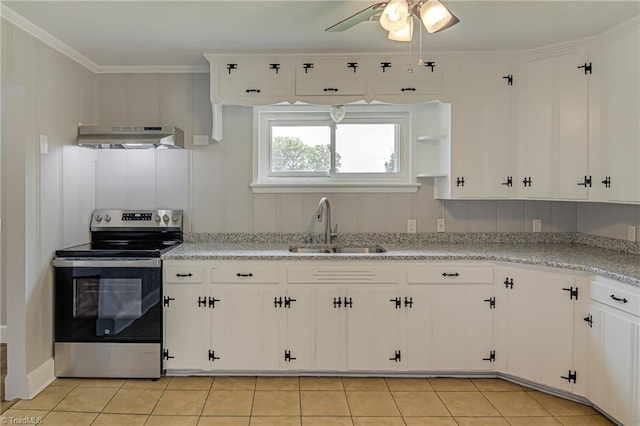 4249 High Point Rd, Winston-Salem, NC 27107 - kitchen with electric stove, under cabinet range hood, ceiling fan, open shelves, and white cabinetry