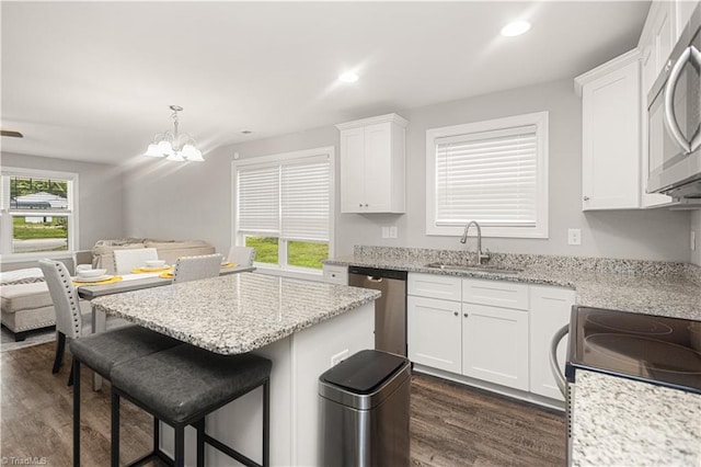 815 Martin Luther King Jr Ave, Salisbury, NC 28144 - kitchen with stainless steel appliances, a sink, dark wood-style flooring, open floor plan, and white cabinetry