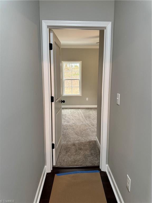 hallway with dark colored carpet