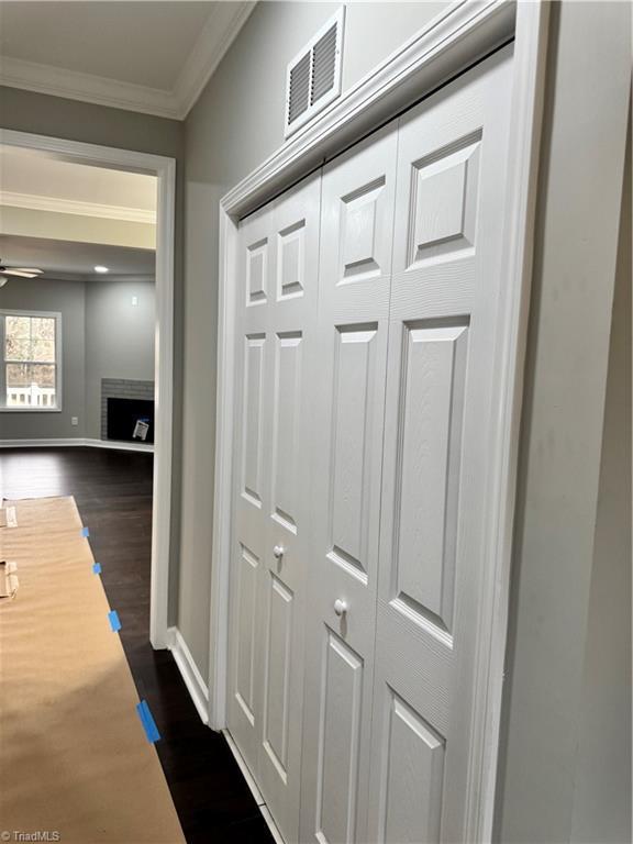 hallway featuring crown molding and dark wood-type flooring