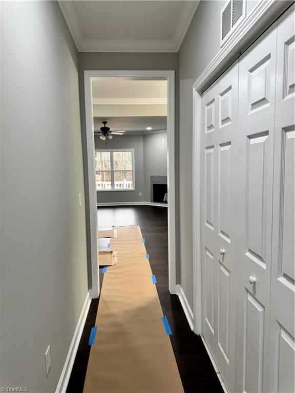 hallway with dark hardwood / wood-style flooring and crown molding