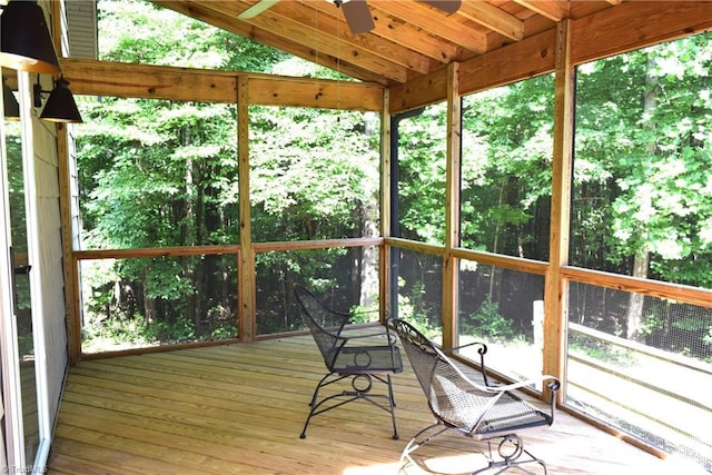 5170 Tabernacle School Rd, Asheboro, NC 27205 - unfurnished sunroom with a ceiling fan, a wooden deck, vaulted ceiling, wood finished floors, and plenty of natural light