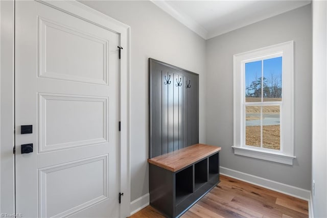 mudroom featuring crown molding, baseboards, and wood finished floors