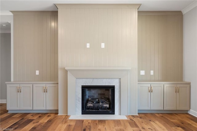 details with a high end fireplace, crown molding, and wood finished floors