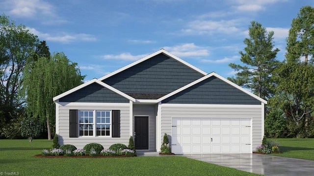 view of front of home with a front yard, concrete driveway, and an attached garage