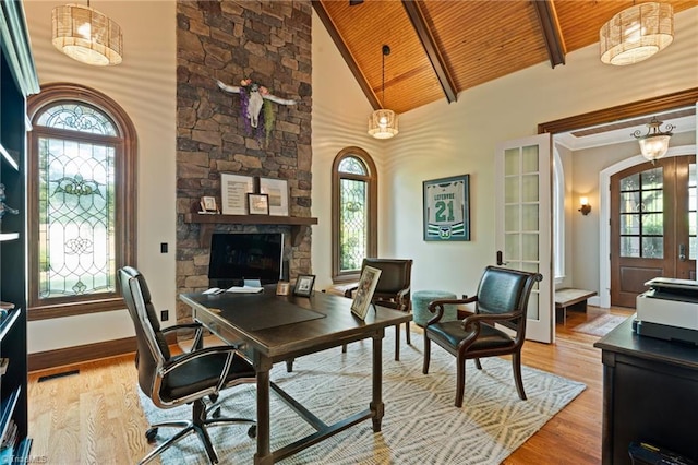 office area featuring wood ceiling, hardwood / wood-style floors, and a healthy amount of sunlight