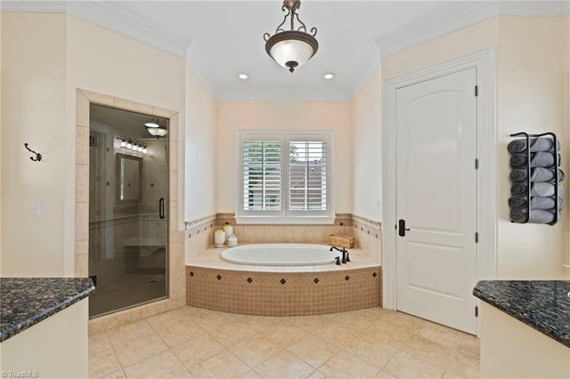 bathroom with ornamental molding, vanity, independent shower and bath, and tile patterned flooring