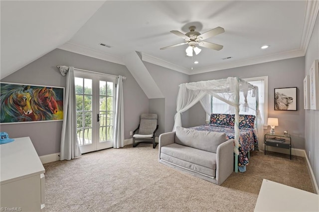 carpeted bedroom featuring crown molding, access to outside, french doors, and ceiling fan