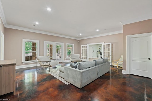 living room featuring crown molding, a healthy amount of sunlight, and french doors