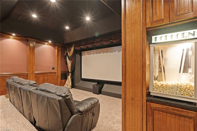 home theater featuring carpet