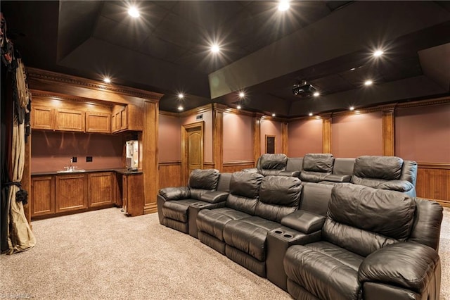 carpeted home theater room featuring a tray ceiling