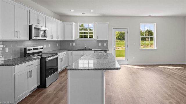 kitchen featuring wood finished floors, a sink, stainless steel appliances, backsplash, and a center island