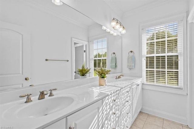 7103 Ludgate Rd, Gibsonville, NC 27249 - bathroom with double vanity, tile patterned flooring, and ornamental molding
