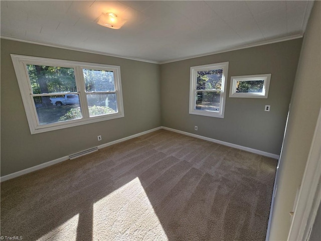 carpeted empty room with ornamental molding