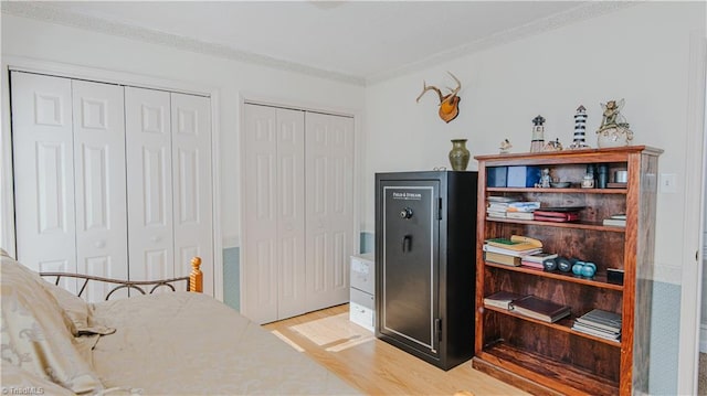 bedroom with multiple closets, hardwood / wood-style floors, and ornamental molding