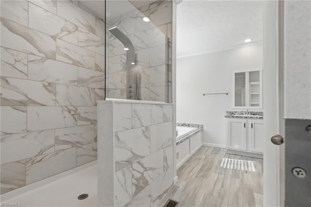 2875 Motsinger Rd, Winston-Salem, NC 27107 - full bath featuring vanity, a marble finish shower, and ornamental molding