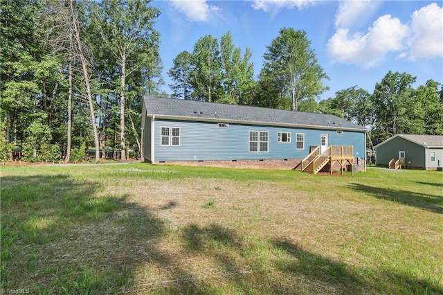 2875 Motsinger Rd, Winston-Salem, NC 27107 - rear view of property featuring crawl space, a yard, stairway, and a wooden deck