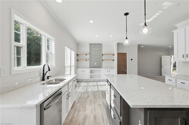 2875 Motsinger Rd, Winston-Salem, NC 27107 - kitchen with dishwasher, open shelves, plenty of natural light, ornamental molding, and a kitchen island
