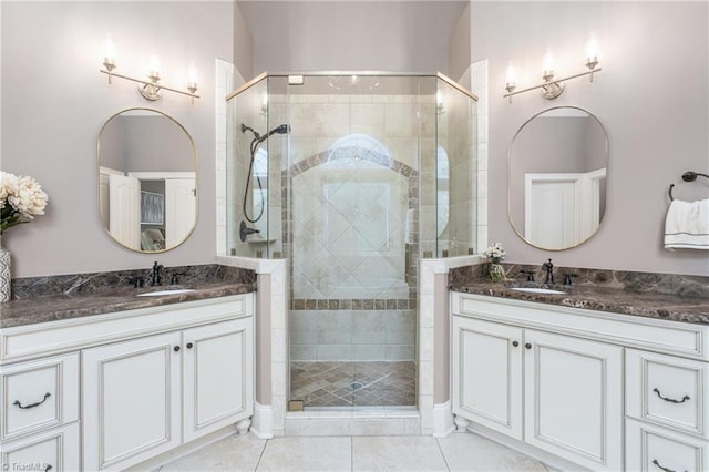 full bath featuring a shower stall, two vanities, and a sink