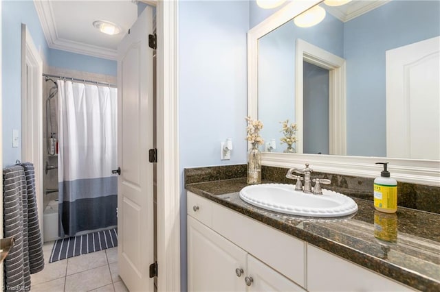 full bath with vanity, shower / tub combo, tile patterned flooring, and ornamental molding