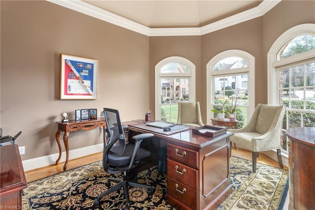 office space featuring crown molding, wood finished floors, baseboards, and a wealth of natural light