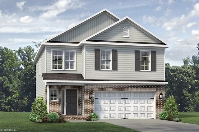 view of front of property with a garage and a front lawn