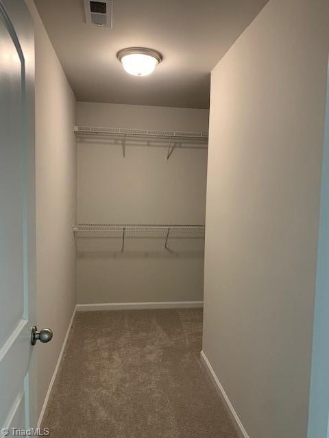 walk in closet with dark carpet