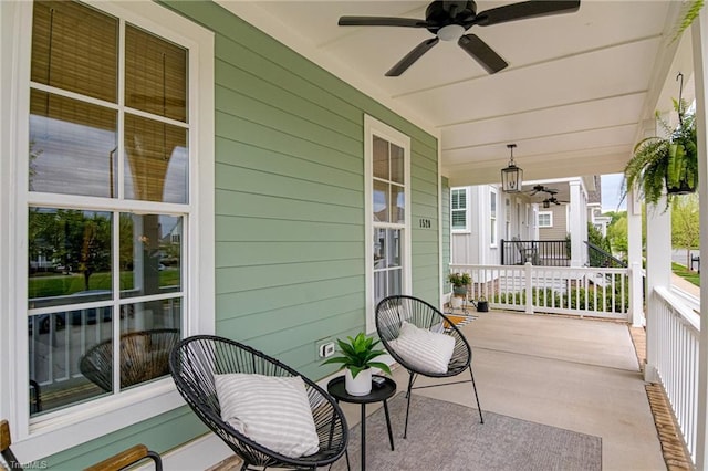 view of patio / terrace with a ceiling fan and covered porch