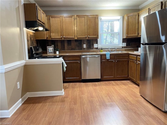 kitchen featuring sink, light hardwood / wood-style flooring, appliances with stainless steel finishes, and ornamental molding