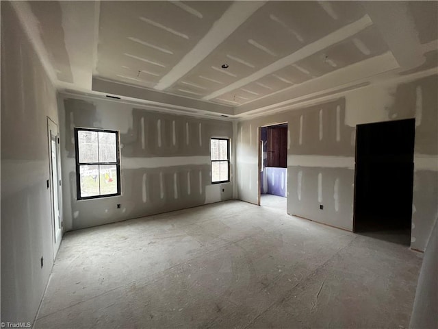 empty room with a healthy amount of sunlight and a tray ceiling