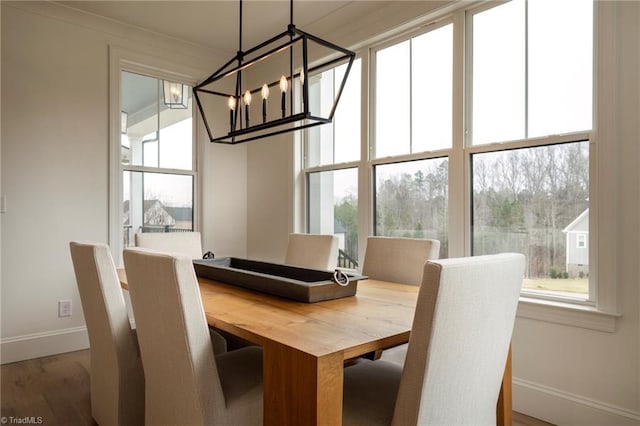 dining space featuring a notable chandelier, a healthy amount of sunlight, baseboards, and wood finished floors