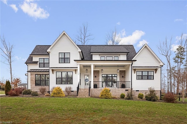 modern farmhouse with crawl space, a porch, a front yard, and roof with shingles