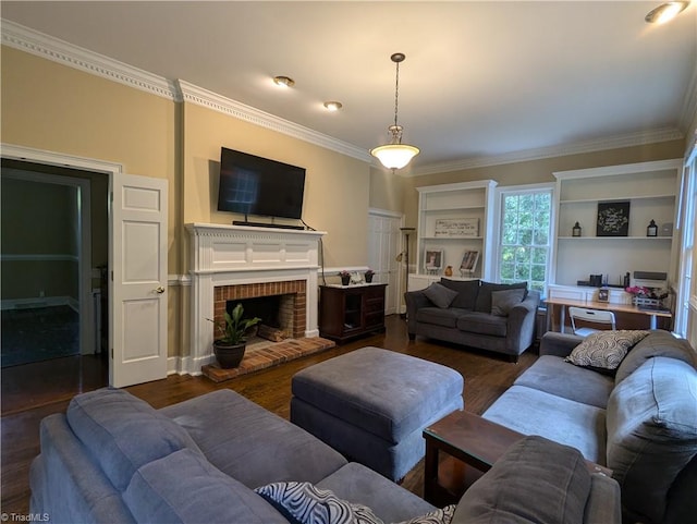 living room with crown molding, a fireplace, and dark hardwood / wood-style floors