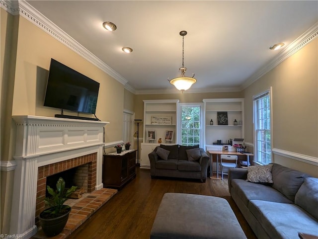 living room featuring a fireplace, ornamental molding, and dark hardwood / wood-style floors