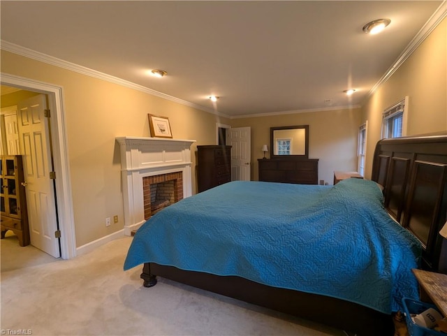 bedroom with crown molding, a fireplace, and light colored carpet