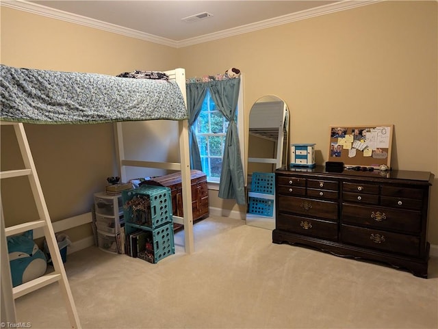 bedroom with light carpet and crown molding