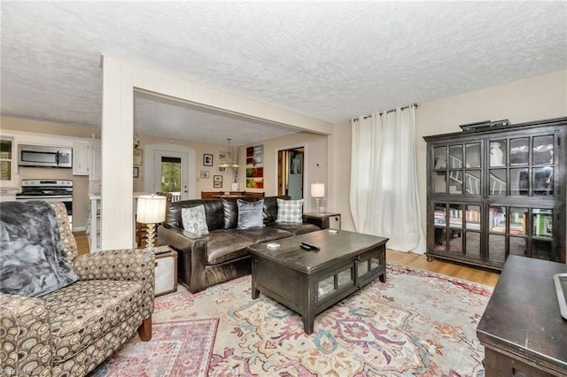 living room featuring a textured ceiling and wood finished floors