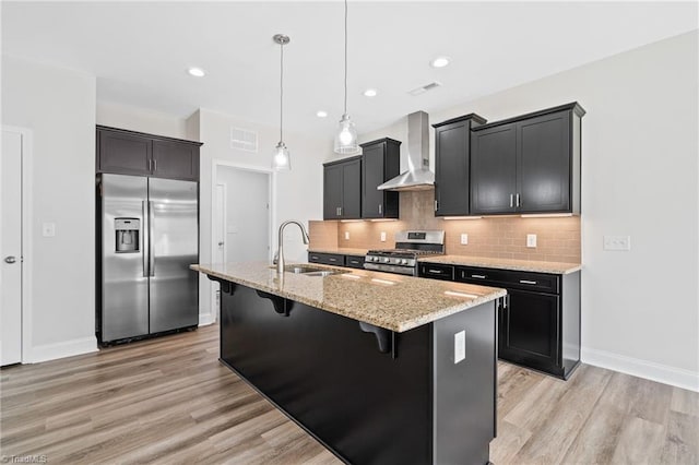 kitchen featuring stainless steel appliances, sink, wall chimney range hood, a center island with sink, and hanging light fixtures