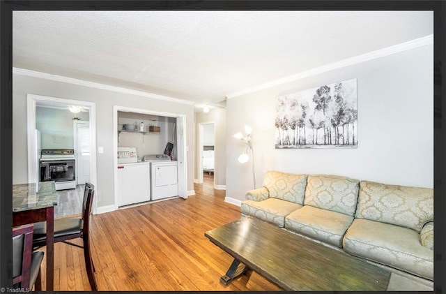 living area with separate washer and dryer, light wood-style flooring, crown molding, and a textured ceiling