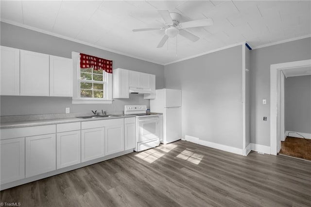 kitchen featuring white appliances, ceiling fan, white cabinetry, ornamental molding, and light wood-type flooring