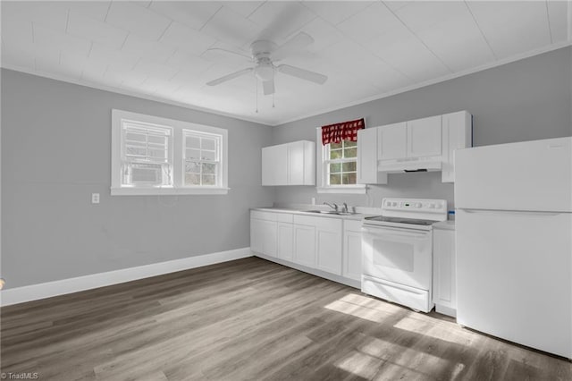 kitchen with sink, white cabinetry, light wood-type flooring, ceiling fan, and white appliances