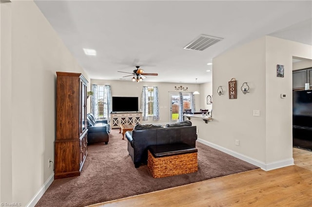 living room with ceiling fan and wood-type flooring