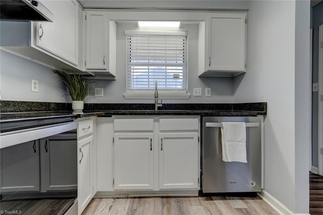 kitchen featuring stainless steel dishwasher, white cabinetry, and extractor fan