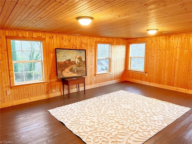 unfurnished room featuring a wealth of natural light, wood walls, wooden ceiling, and dark hardwood / wood-style floors