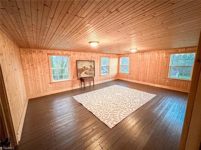 bonus room with wood walls, dark hardwood / wood-style flooring, and wooden ceiling